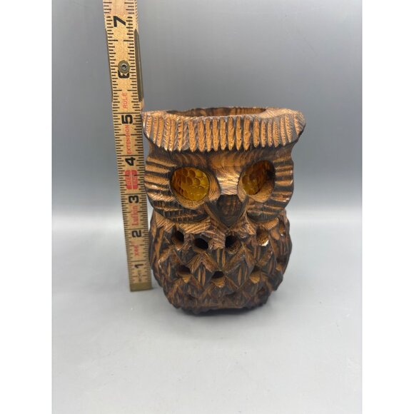 Vtg 70s Hand Carved Wooden Owl Votive Candle Holder Amber Glass Eyes Boho‎ - Picture 7 of 7